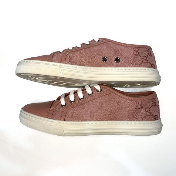 Gucci Low Top Cap Toe Sneakers EU 36.5 US 6.5 Pink GG Canvas Leather Flat Shoes - Picture 4 of 9
